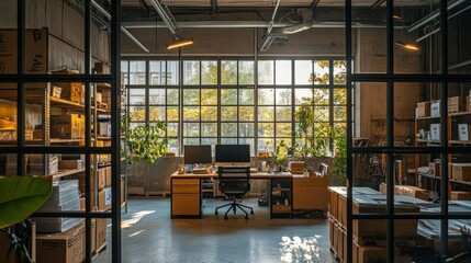 Wall Mural - A modern office space with plants and computers, designed for productivity and creativity.