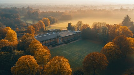 Canvas Print - Aerial view of a school surrounded by autumn trees and fields in a misty landscape.