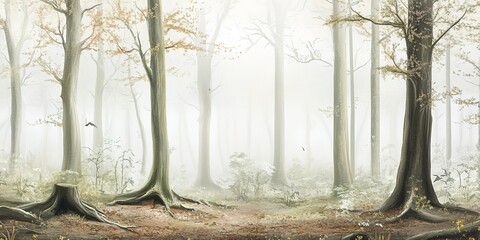 Poster - Digital watercolor painting of Panorama landscape image of Wendover Woods on foggy Autumn Morning. 