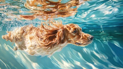 Sticker - A golden retriever swims gracefully underwater, showcasing its playful nature.