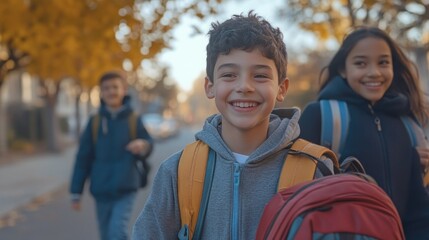 Sticker - A group of cheerful children walking to school during autumn.