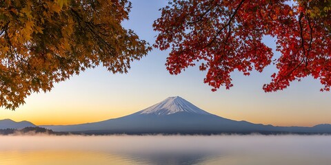 Sticker - Colorful Autumn Season and Mountain Fuji with morning fog and red leaves at lake Kawaguchiko is one of the best places in Japan  