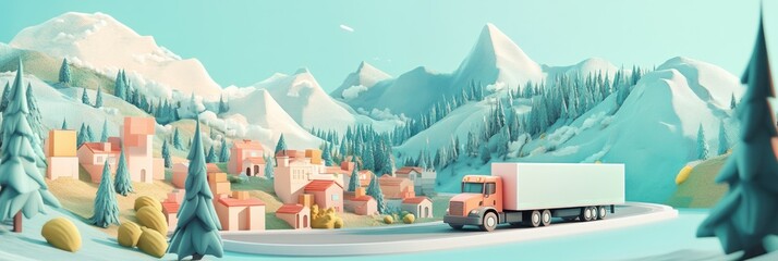 Canvas Print - A serene landscape featuring a truck driving through a mountainous region with a small town.