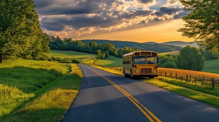 Sticker - A yellow school bus parked on a rural road surrounded by lush green fields at sunset.