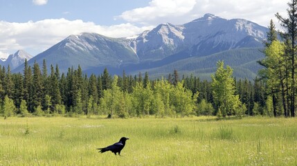 Sticker - A serene landscape featuring a raven in a grassy field with mountains in the background.