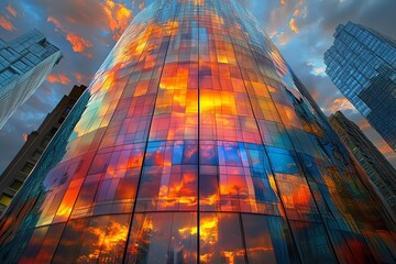 Poster - A city skyscraper with a modern, angular design, reflecting a fiery sunset.