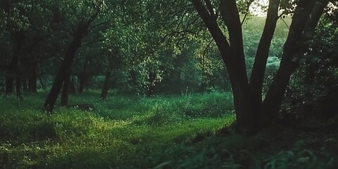 Poster - Beautiful enchanted fairytale forest at twilight with big trees and bioluminescence lights 