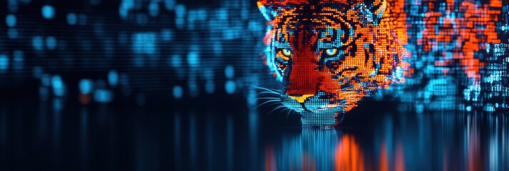 Poster - A digital tiger emerges with vibrant colors against a tech-inspired background.