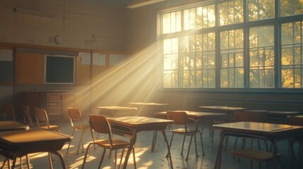 Canvas Print - A sunlit classroom with empty desks, creating a serene and reflective atmosphere.