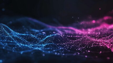 Sticker - Abstract representation of waves with glowing particles in blue and pink hues.