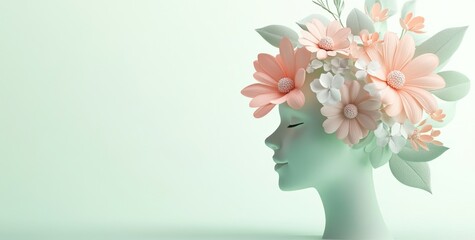 Canvas Print - A serene profile of a face adorned with pastel flowers and leaves, symbolizing beauty and nature.