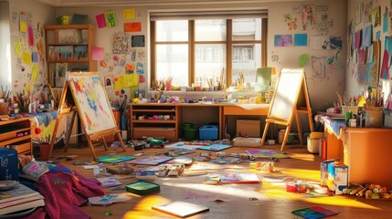 Poster - A vibrant art studio filled with supplies, artwork, and a creative atmosphere.