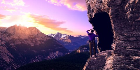 Poster - Adventurous Man Hiker standing in a cave with rocky mountains in background. Adventure Composite. 3d Rendering Peak. Aerial Image of landscape from British Columbia, Canada. Sunset Sky 