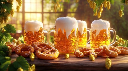 Wall Mural - Four frothy beer mugs beside pretzels, surrounded by hops in a warm, inviting setting.