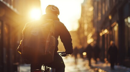 Wall Mural - A cyclist rides through a sunlit urban street, creating a serene evening atmosphere.