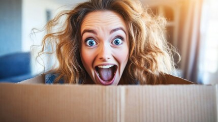 Poster - A joyful person with curly hair excitedly peeking out from a cardboard box.