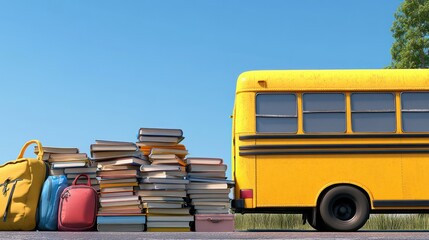 Sticker - A stack of books beside a yellow school bus on a sunny day.