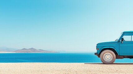 Blue vintage car parked by the beach under a clear blue sky, ocean in the background.