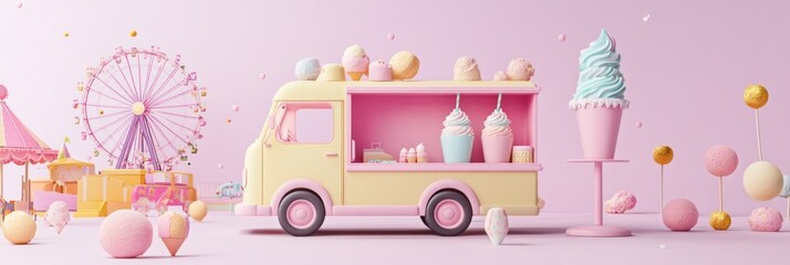 Wall Mural - A pastel-colored ice cream truck surrounded by playful carnival elements.