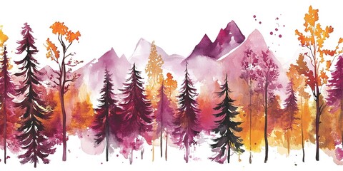 Canvas Print - Abstract colorful mountain peak and tree landscape on watercolor illustration painting background. 