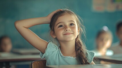 Sticker - A young girl in a classroom, smiling and raising her hand to answer a question.