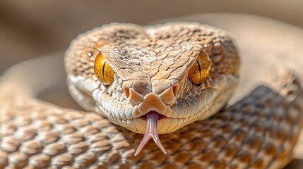 Poster - Close-up of a snake's head with vibrant eyes and flicking tongue.