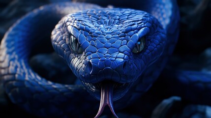 Poster - A close-up of a blue snake with striking eyes and a flicking tongue.