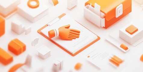 Canvas Print - A stylized graphic featuring a handshake icon amidst various office-related items.