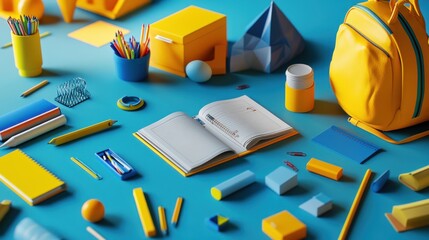 Wall Mural - Colorful stationery and school supplies arranged on a blue background for educational purposes.