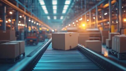 Poster - A conveyor belt in a warehouse with packages moving for distribution.