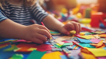 Wall Mural - A child engages in creative art with colorful paper scraps and a brush.