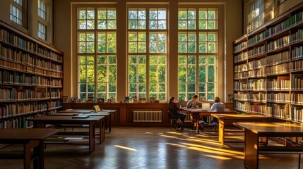 Canvas Print - A serene library interior with sunlight streaming through large windows, people engaged in study.