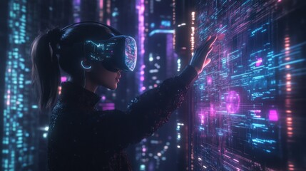 Wall Mural - A person in a virtual reality headset interacts with a colorful digital interface.