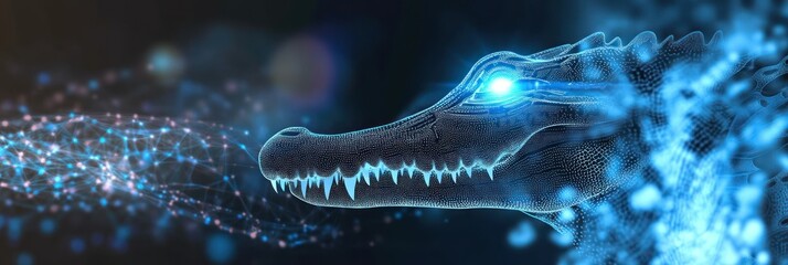 Canvas Print - A digital representation of a crocodile's head with glowing effects and abstract elements.