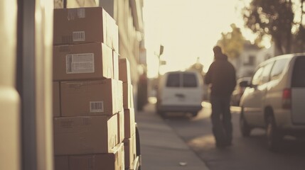 Wall Mural - A person walks past stacked boxes in a city setting during sunset.