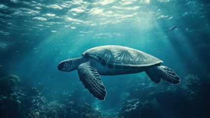 Sticker - A serene underwater scene featuring a turtle swimming gracefully through the ocean.