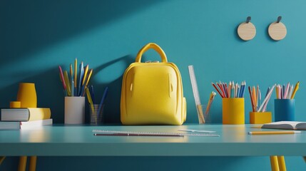 Poster - A vibrant workspace featuring a yellow backpack, stationery, and colorful decor.