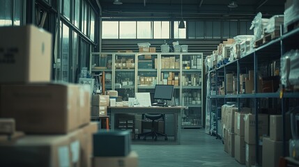 Poster - A spacious warehouse with shelves of boxes and a desk for inventory management.