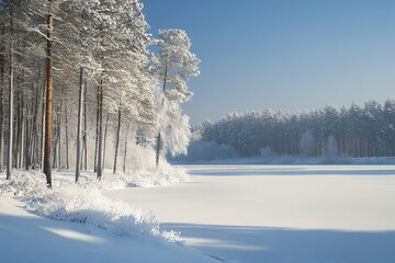 Poster - A snowy winter scene with a frozen lake and a snow-covered forest in the background.