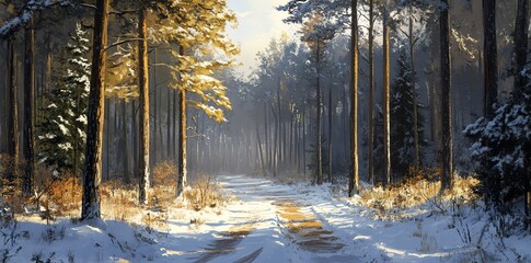 Poster - A sunlit path winds through a snowy forest, with tall pines lining the sides.