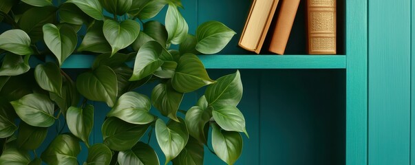 Wall Mural - A vibrant bookshelf featuring green leaves and vintage books, creating a cozy and inviting atmosphere.