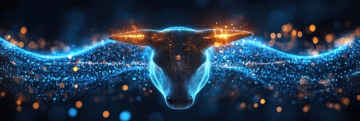 Canvas Print - A digital representation of a bull's head, illuminated with vibrant blue and orange particles.