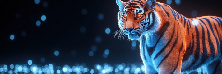 Wall Mural - A digital depiction of a tiger with glowing effects against a dark background.