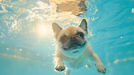 Poster - A playful pug swimming underwater in a bright blue pool, enjoying a sunny day.