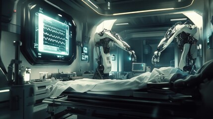 Sticker - A futuristic medical facility with robotic arms assisting in patient care.