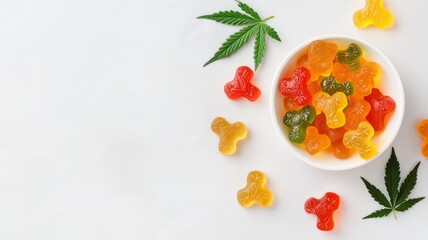 Wall Mural - Colorful gummy candies shaped like bears, surrounded by cannabis leaves, arranged artistically on a white background.