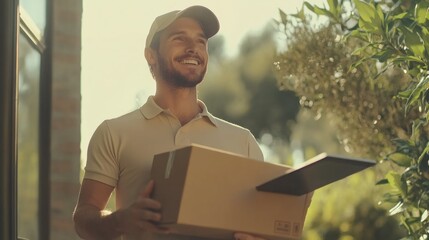 A smiling delivery person holding a package at a home entrance.