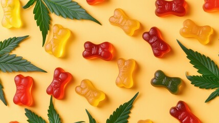 Sticker - Colorful gummy candies shaped like bones are scattered across a yellow background, interspersed with green cannabis leaves.