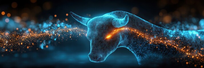 Canvas Print - A glowing, digital representation of a bull with vibrant energy effects.