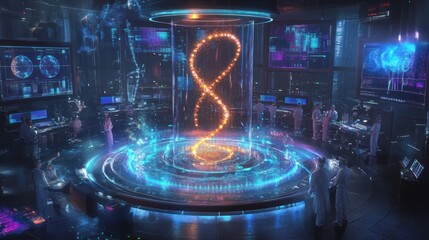 Poster - A futuristic laboratory with holographic displays and scientists observing a glowing infinity symbol.